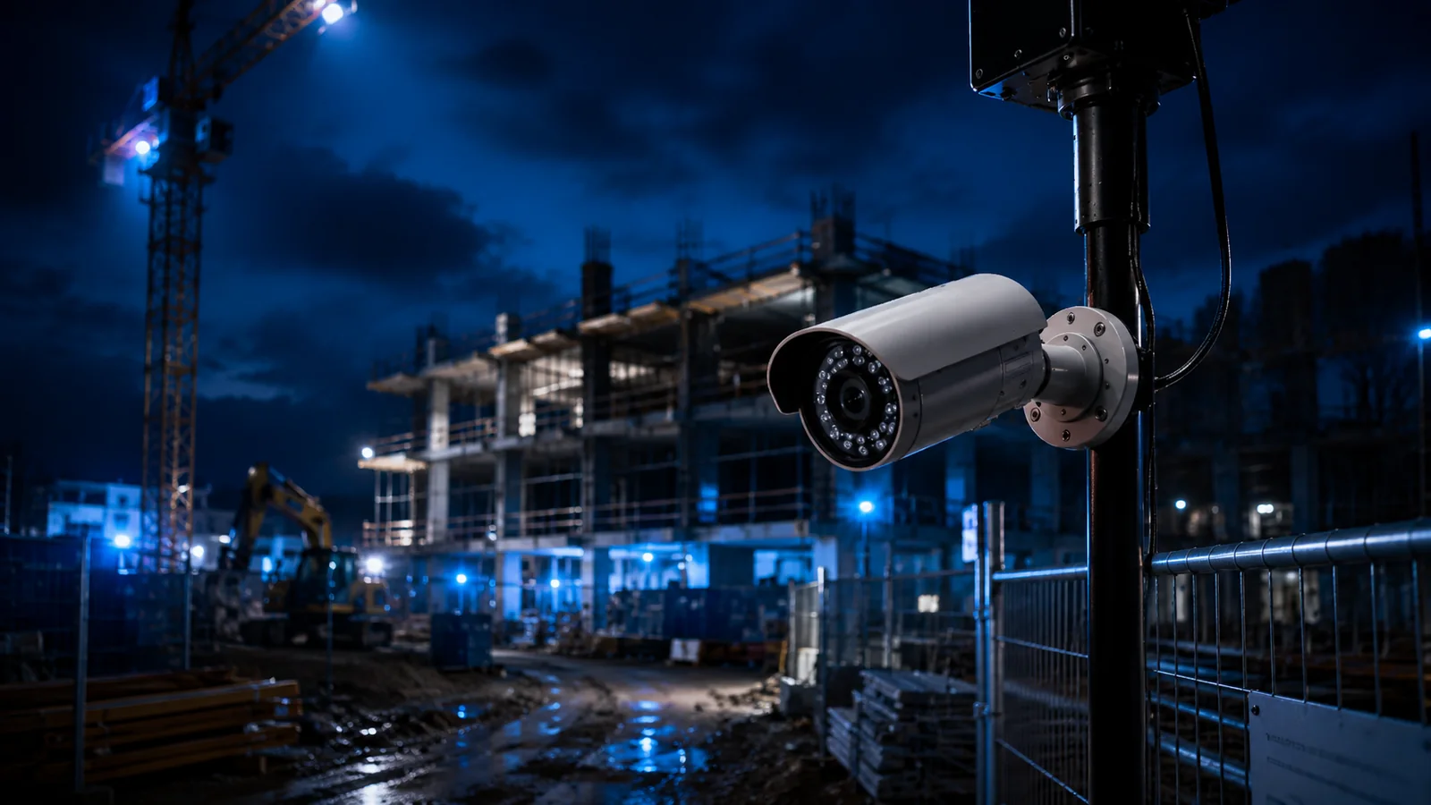 Temporary surveillance camera overlooking an active construction site after dark.