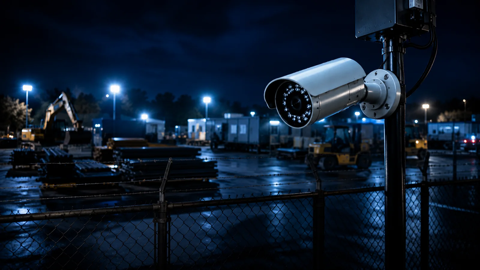 Temporary surveillance camera monitoring stored equipment, machinery and perimeter fencing at night.