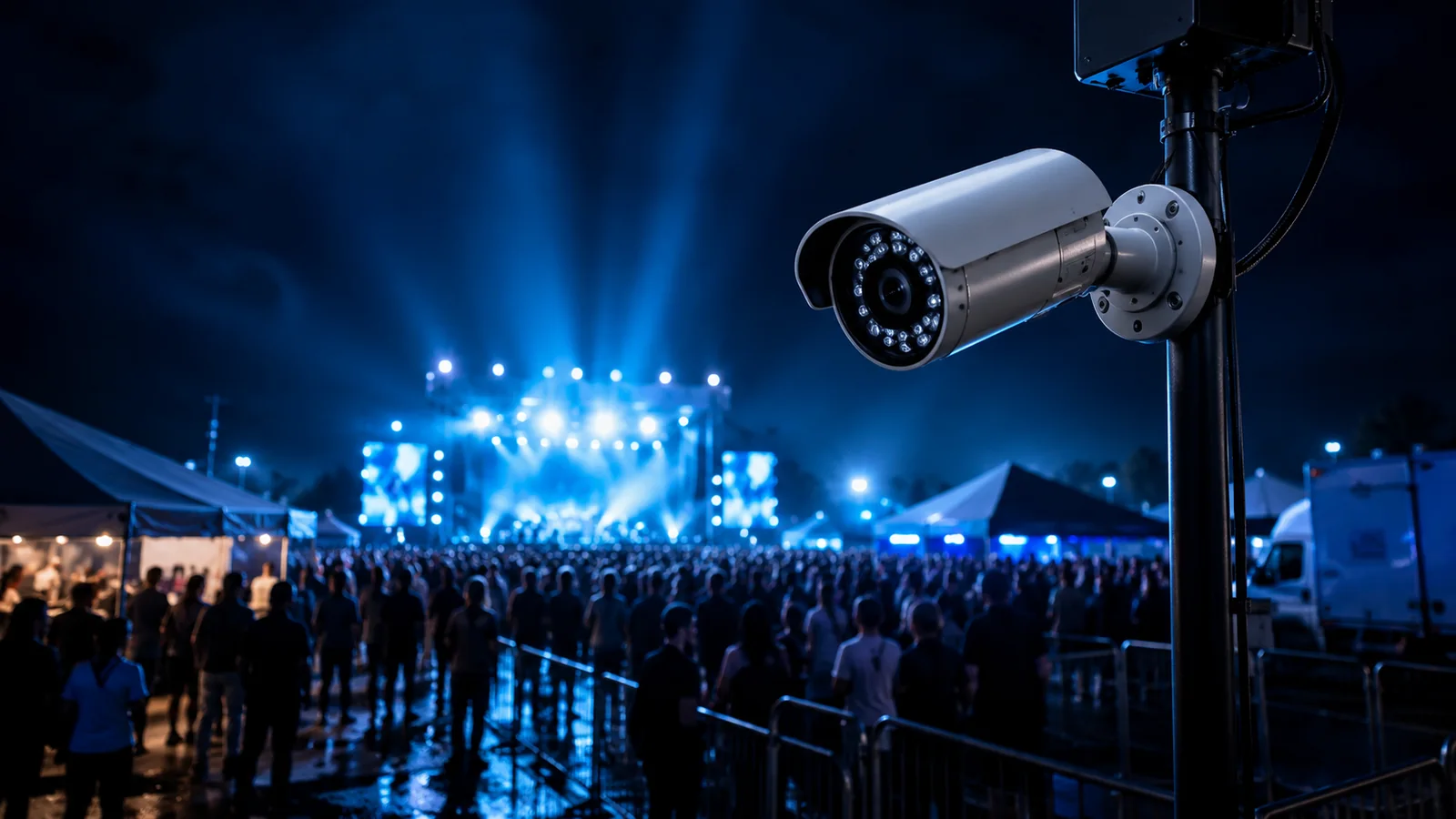 Temporary surveillance camera monitoring a live concert crowd and stage lighting at night.