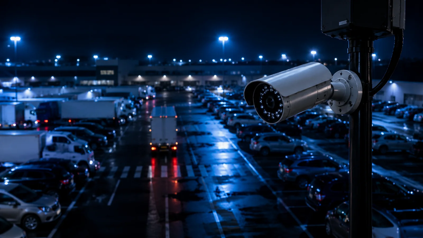 Temporary surveillance camera viewing a parking area and vehicle lanes after dark.