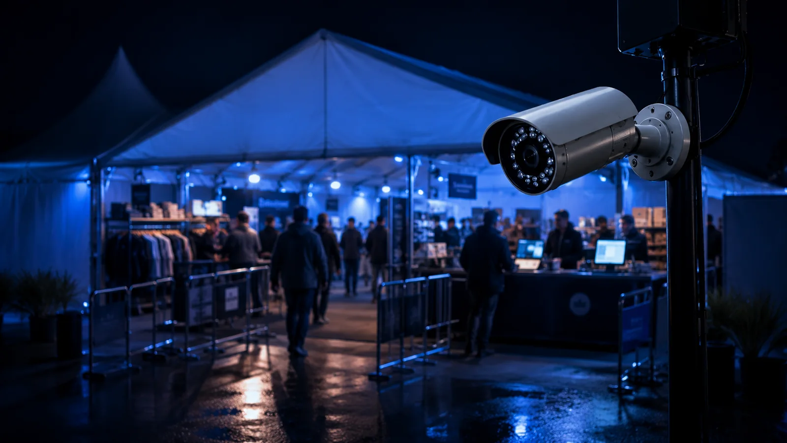 Temporary surveillance camera covering a nighttime pop-up retail or event sales area.
