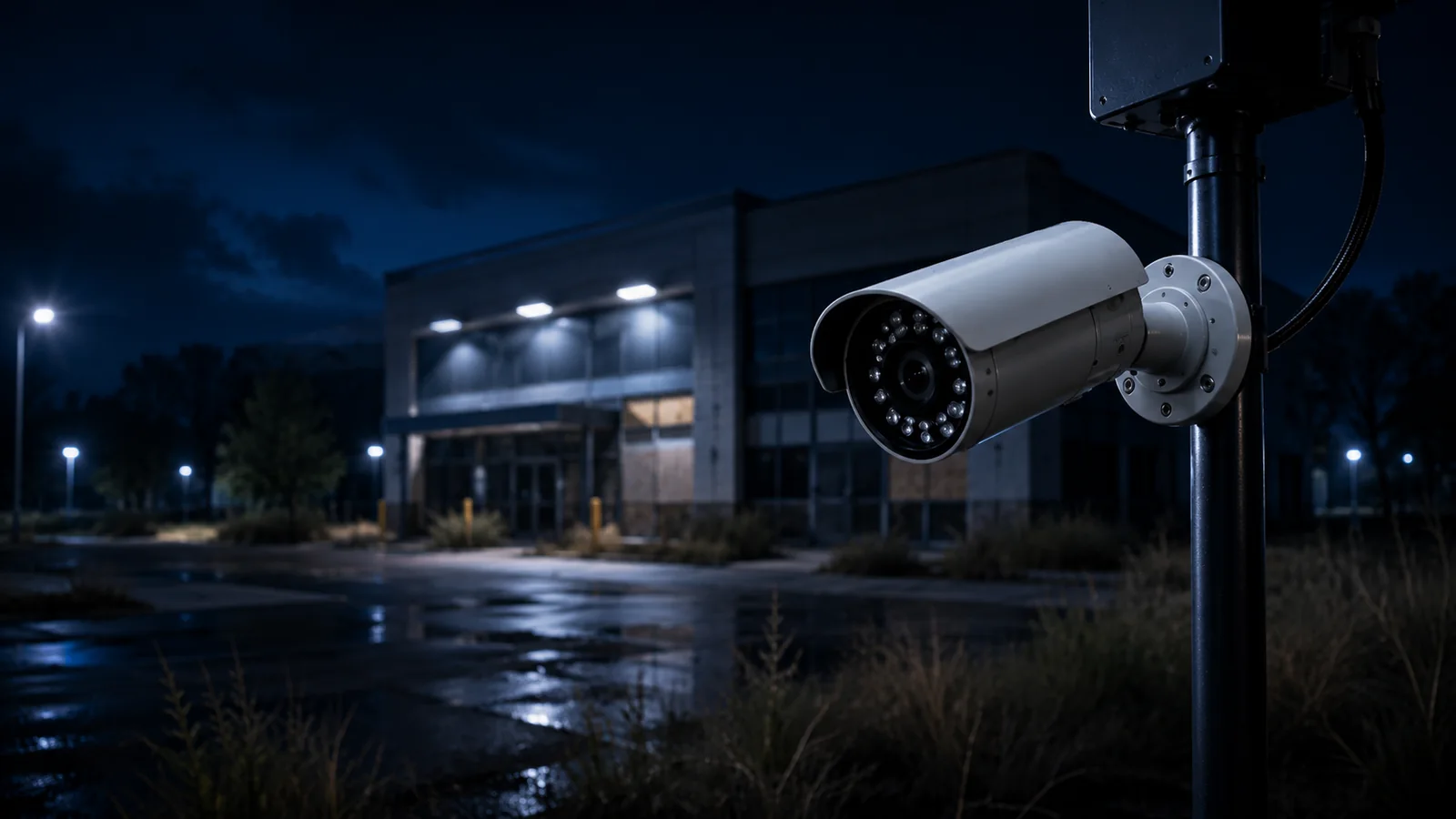 Temporary surveillance camera watching a vacant commercial property and surrounding lot at night.
